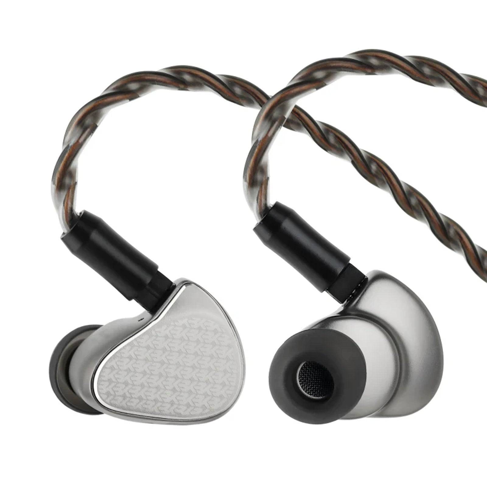 Pair of silver and black in-ear monitors with braided copper cable, showcasing sleek, modern audio equipment for audiophiles