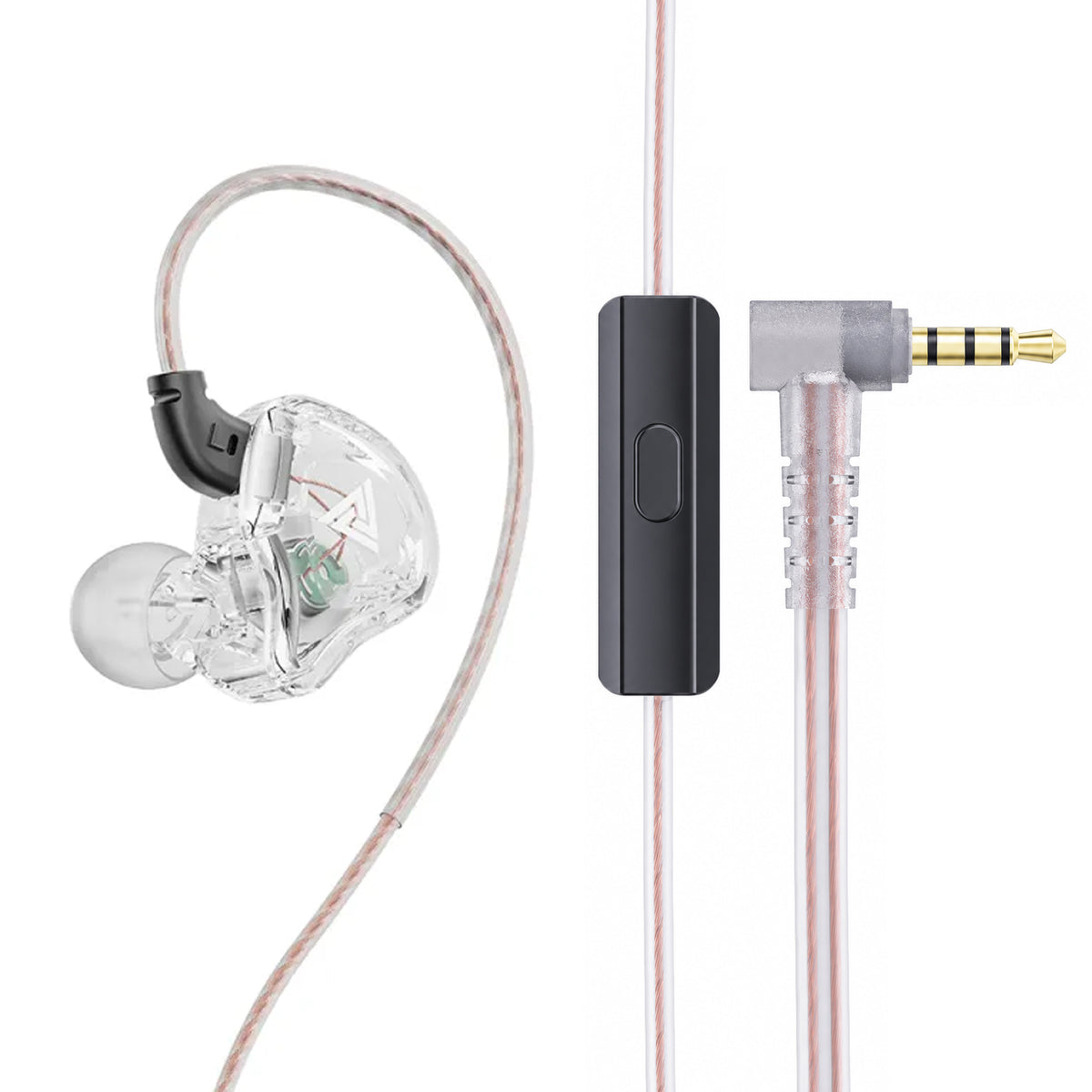 Clear in-ear monitor with transparent casing and black ear hook, featuring a 10mm dynamic driver, connected to a black inline remote and gold-plated 3.5mm jack, with pink and white braided cable
