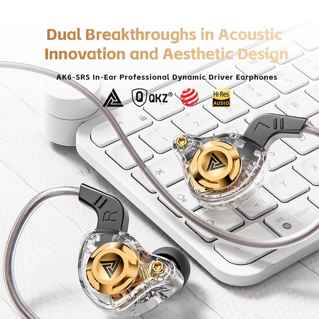 QKZ-AK6 SRS IEMs with transparent housing and gold detailing, highlighting dual acoustic innovation and Hi-Res audio certification.
