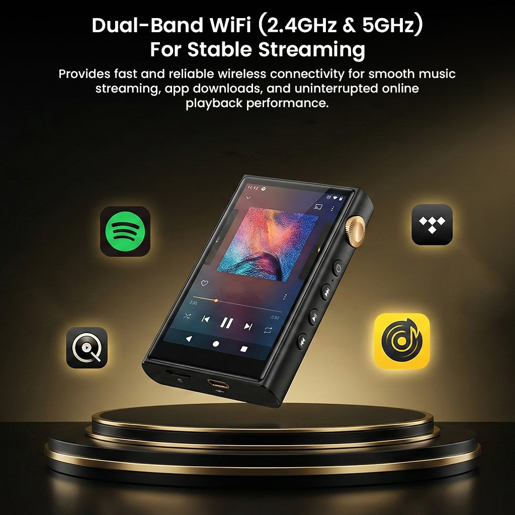 Music player with dual-band WiFi features on a dark background
