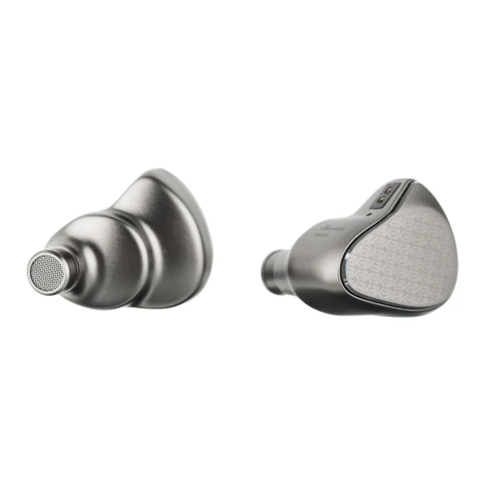 Promotional image of revolutionary tribrid in-ear monitors with sleek silver design, emphasizing advanced audio architecture