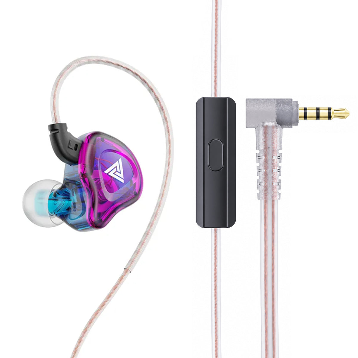 Colorful in-ear monitors with transparent purple and blue shells, white silicone ear tips, and a braided pink and white cable, featuring a black inline control module and gold-plated 3.5mm jack for high-fidelity audio.