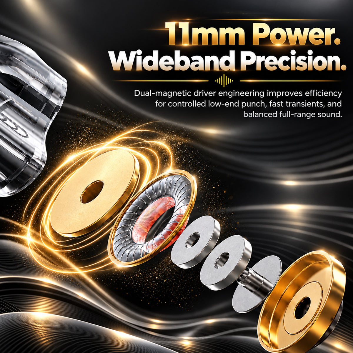 Exploded view of in-ear monitor components with gold, silver, and pink elements, showcasing driver parts and housing, on a dark background