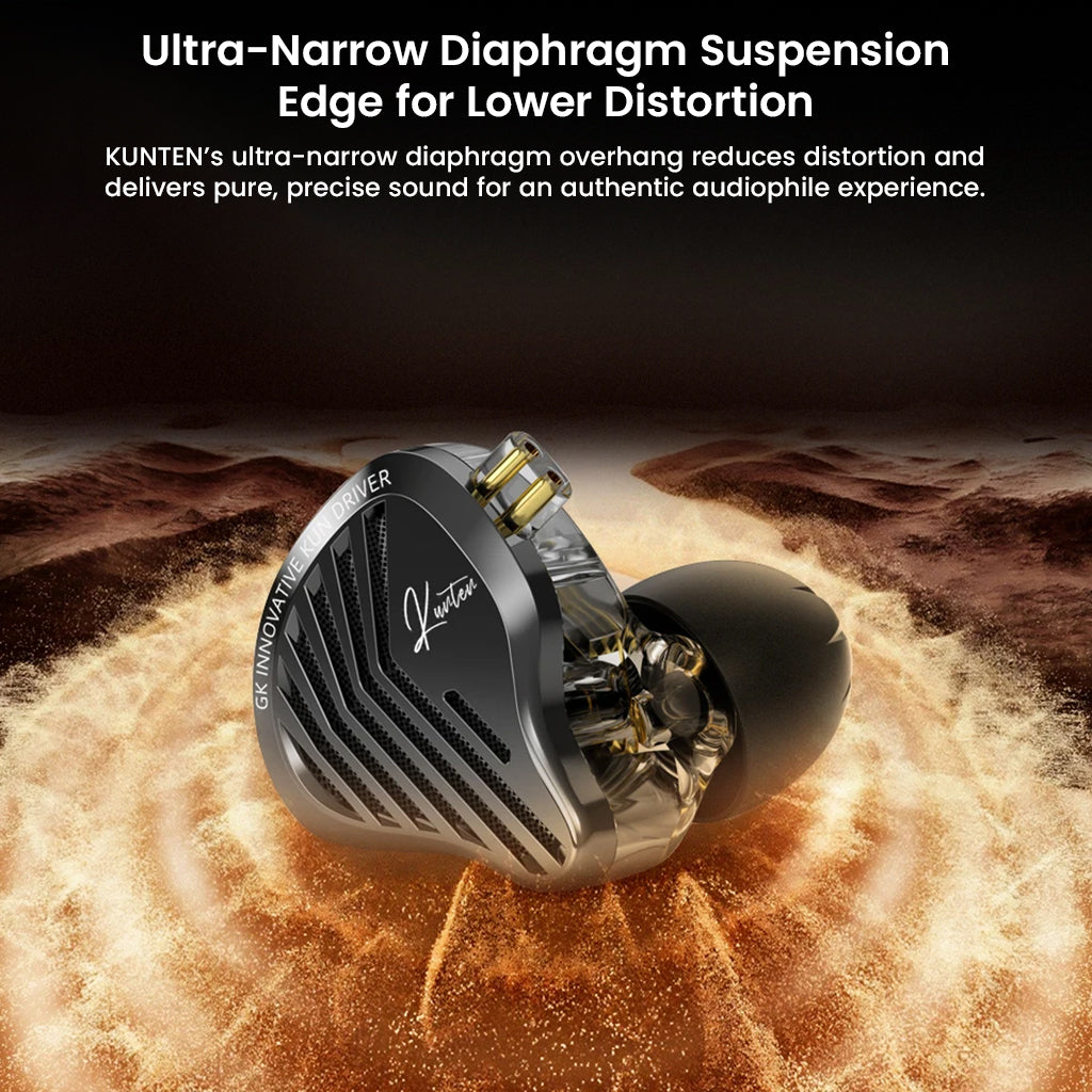 GK-KUNTEN IEM with ultra-narrow diaphragm suspension for reduced distortion and precise audiophile-grade sound reproduction.