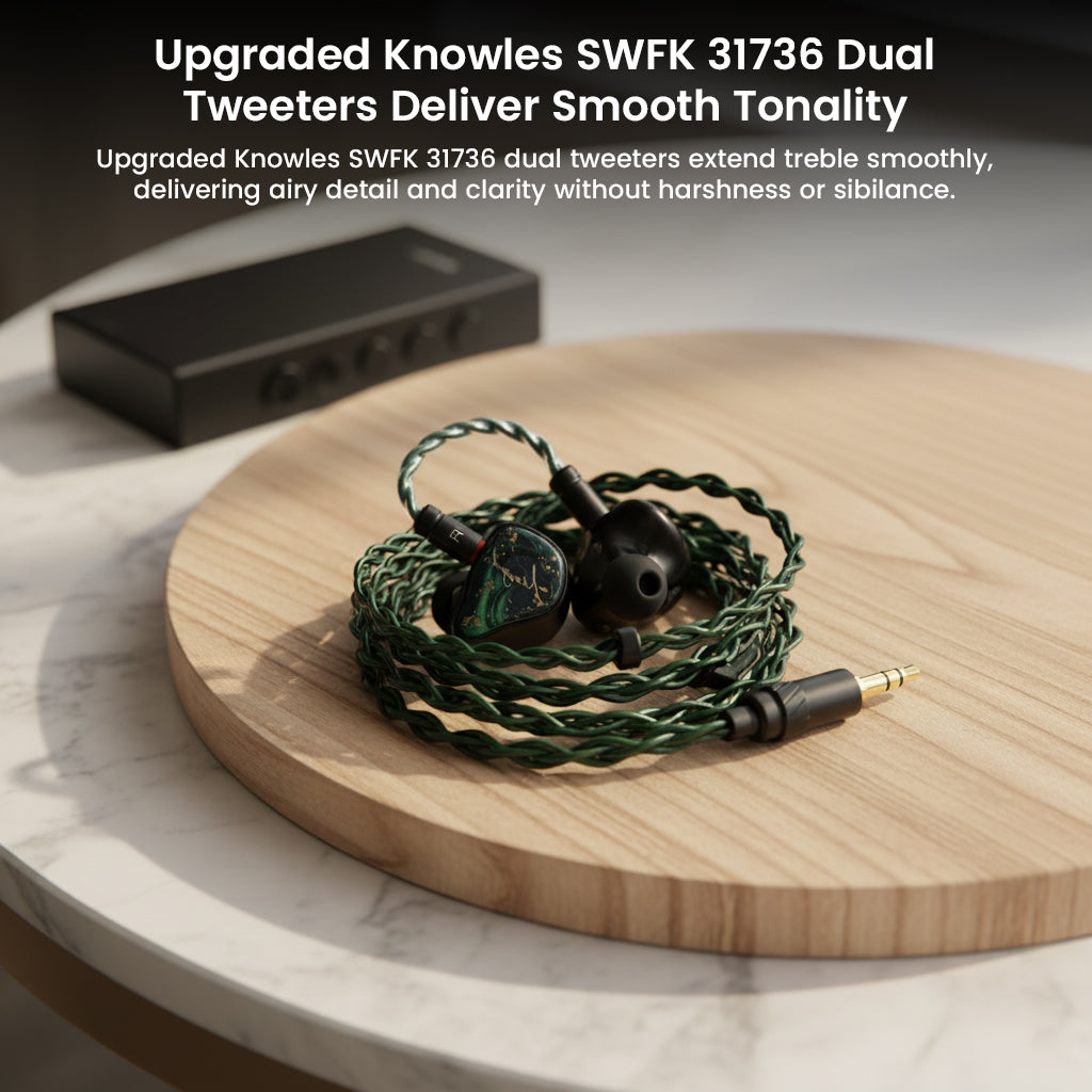 XENNS - Mangird Tea Pro SE IEMs with Knowles SWFK 31736 dual tweeters for smooth treble and high-frequency clarity.