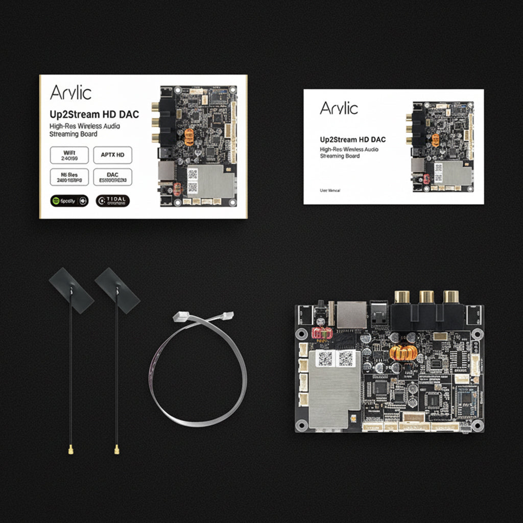Arylic Up2Stream HD DAC kit includes main board, antennas, cables, and user manual for easy DIY audio setup.