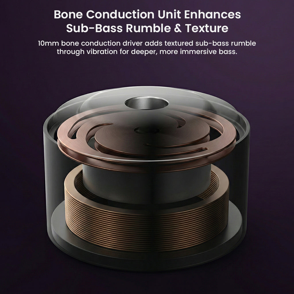 Bone conduction driver in SIMGOT SuperMix 5 enhances sub-bass rumble and texture for immersive low-frequency audio experience.
