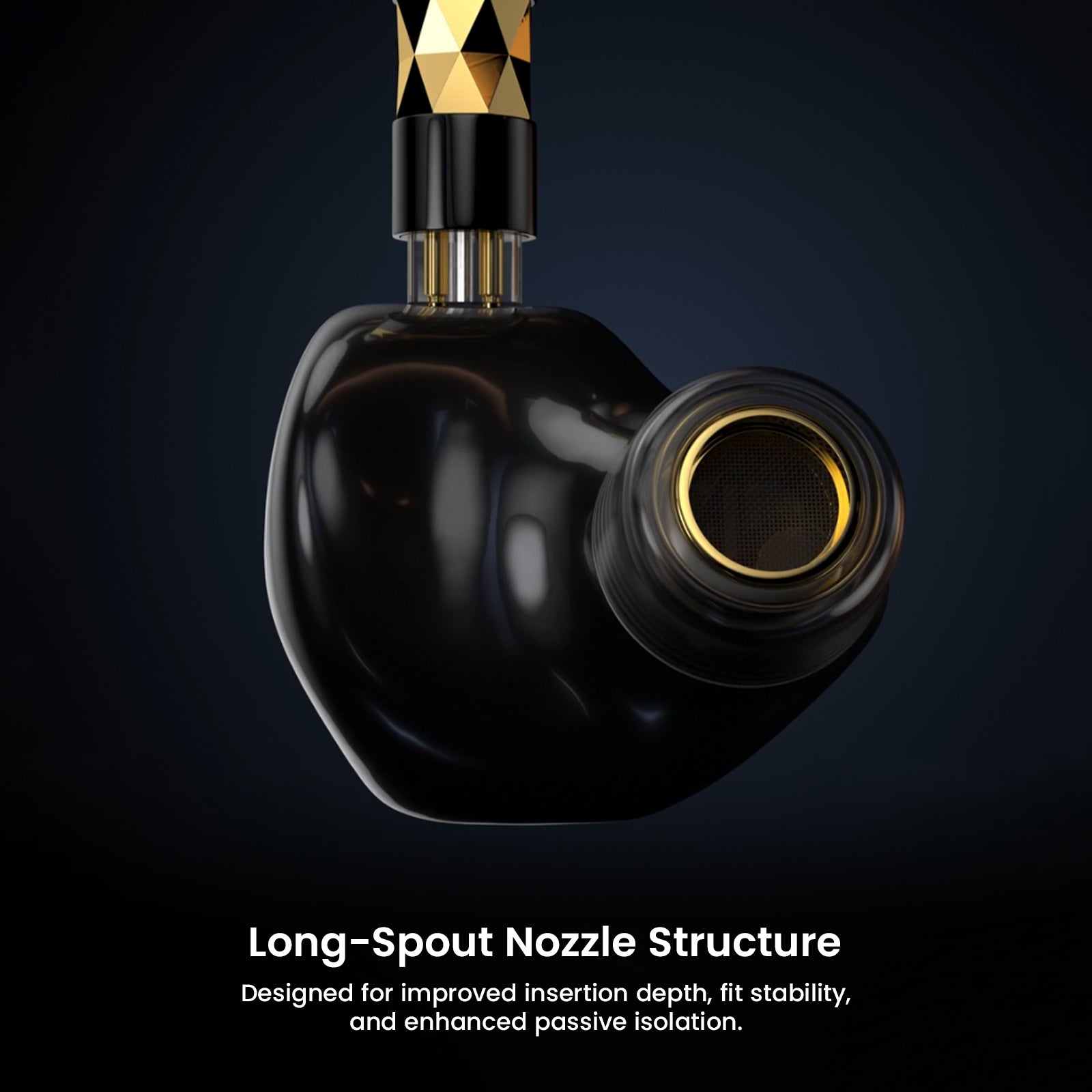 Close-up of long-spout nozzle structure of earphone