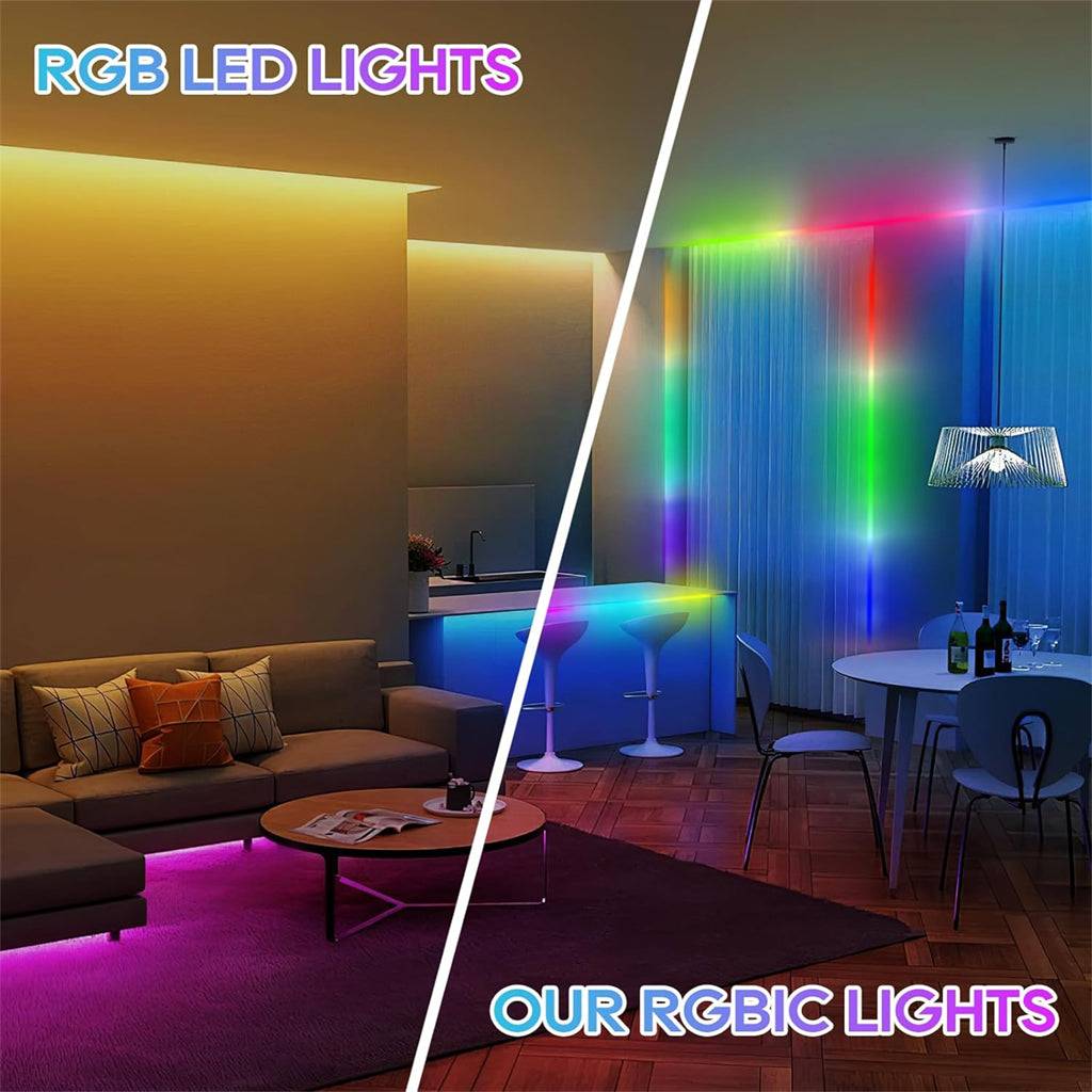 Comparison of standard RGB vs RGBIC LED Strip Lights showing superior multicolor lighting effects for immersive room ambiance.