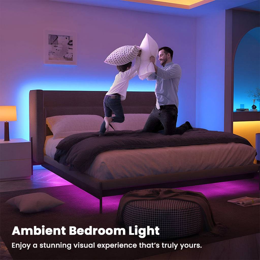 Ambient bedroom lighting with RGBIC LED Strip Lights creating a cozy and playful atmosphere for family bonding and relaxation.