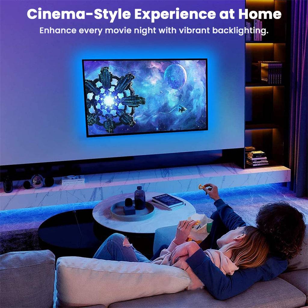 Cinema-style home viewing enhanced with RGBIC LED Strip Lights, offering vibrant backlighting for a premium movie night experience.
