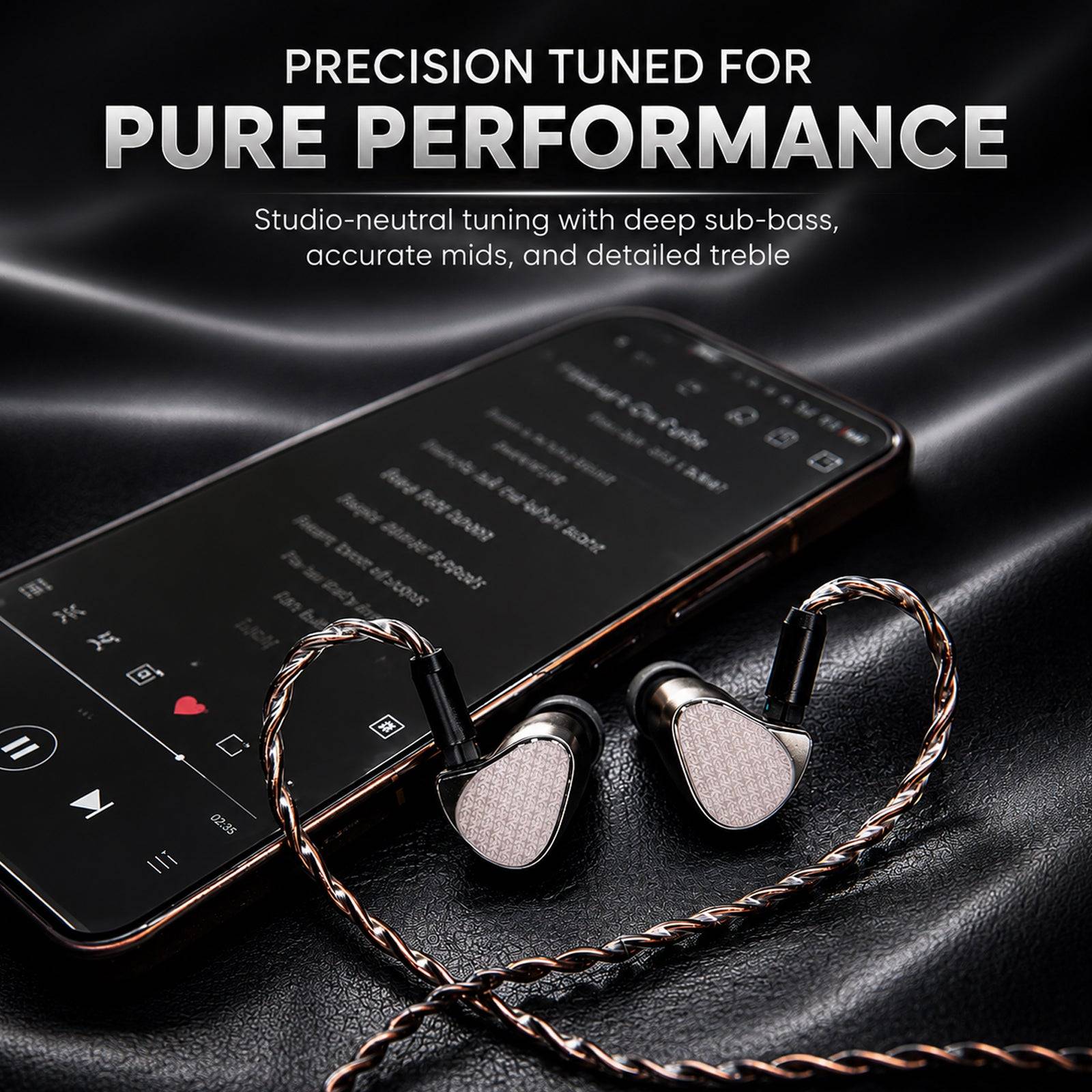 Close-up of in-ear monitors with braided copper cables on a black surface, highlighting premium audio components and sleek design