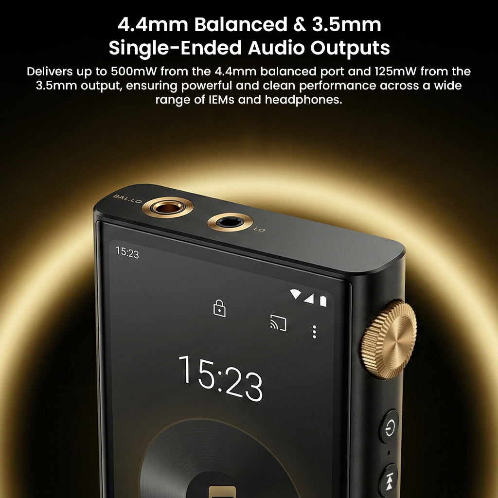 AUDIOCULAR Nexus HiFi Android 12 Digital Audio Player with gold accents and touchscreen display