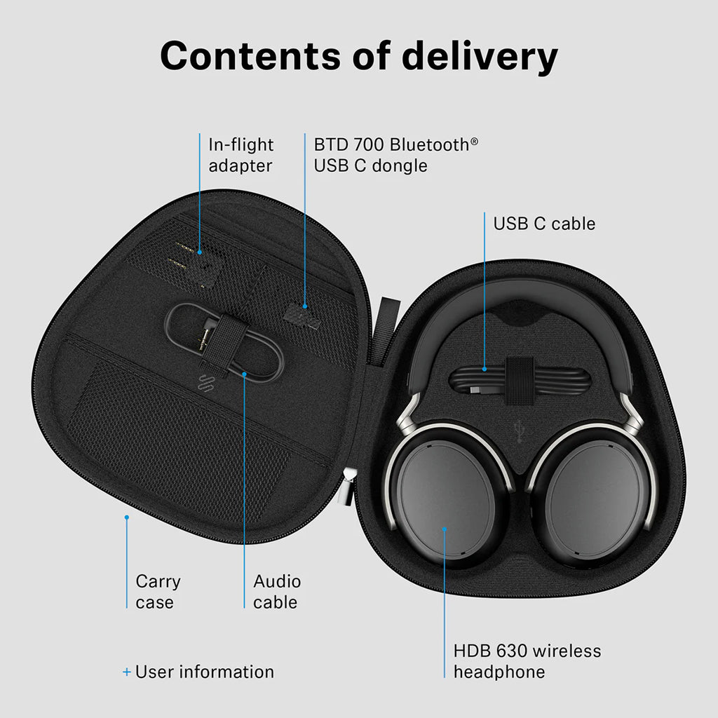 Complete delivery contents of Sennheiser HDB 630 including carry case, USB-C dongle, cables, and in-flight adapter.