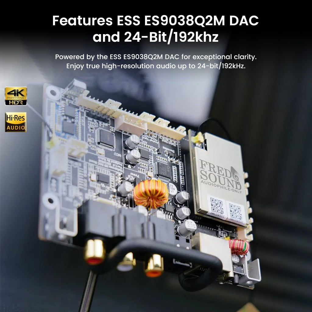 Close-up of Arylic Up2Stream HD DAC board featuring ESS ES9038Q2M chip supporting 24-bit/192kHz high-resolution audio output.