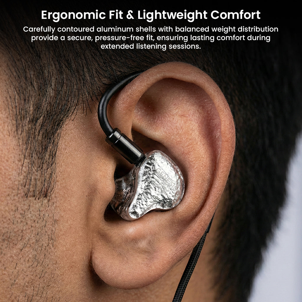 GENESIS G318 IEM worn in ear, showing ergonomic fit and lightweight comfort with secure over-ear cable placement for long listening sessions.