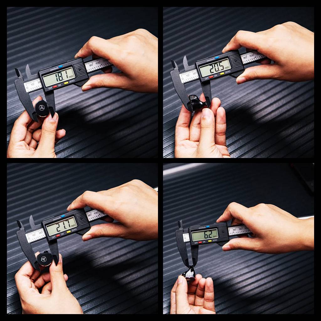 Measurements of 7HZ x Crinacle Diablo IEMs using digital calipers displaying dimensions for accurate size reference.
