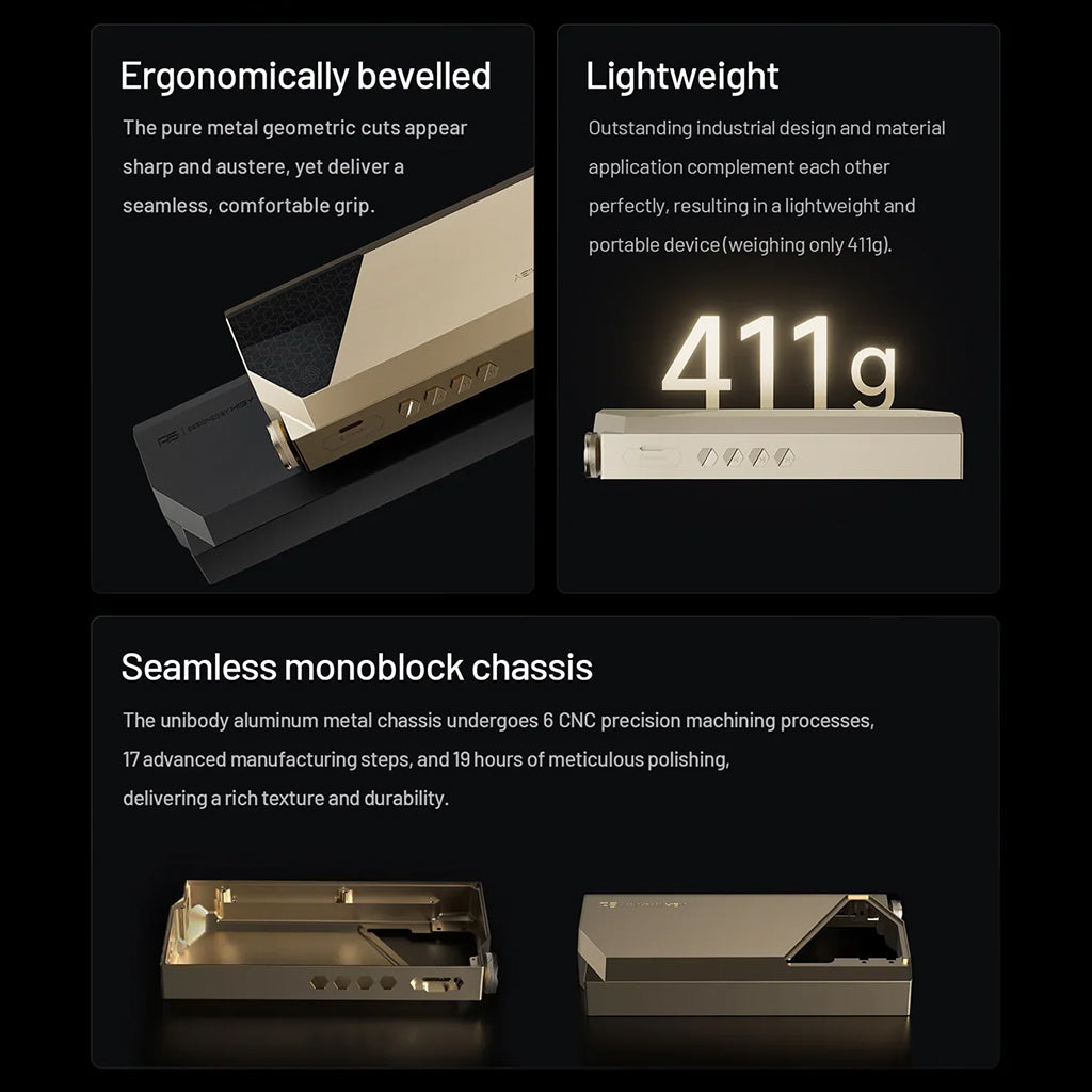 HiBy RS8II lightweight 411g chassis with ergonomic bevels and CNC-machined aluminum body for durability and comfort.