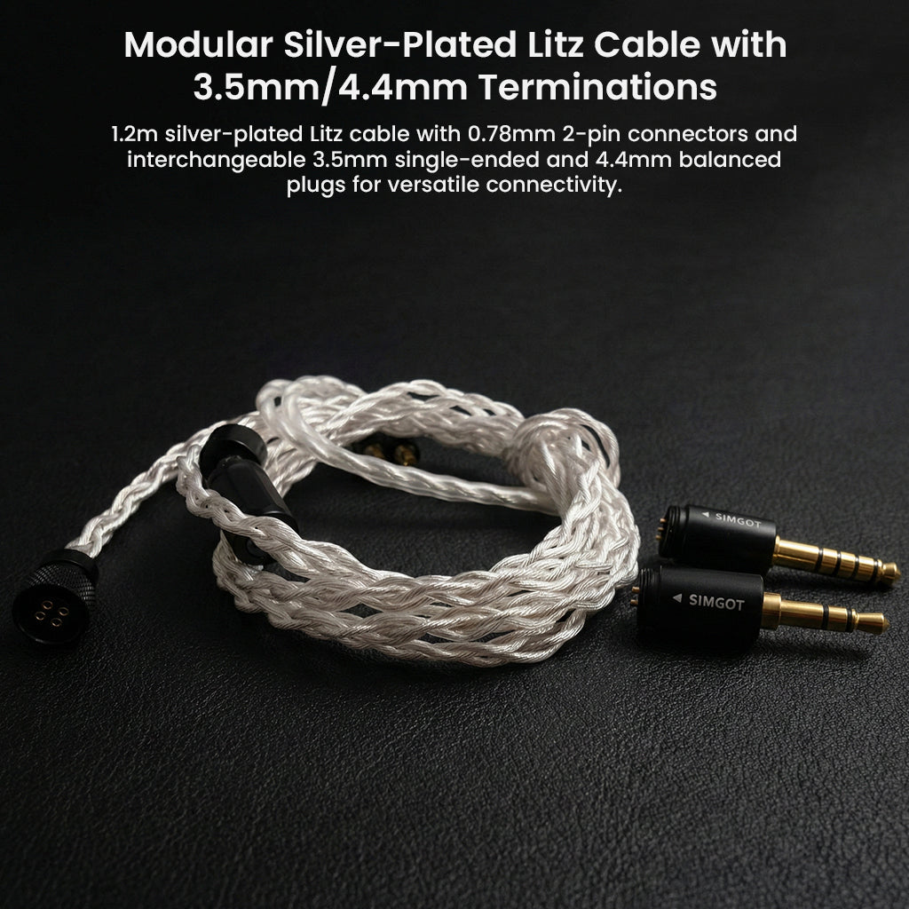 Modular silver-plated Litz cable with 3.5mm and 4.4mm terminations for SIMGOT SuperMix 5 offers versatile, high-quality audio connectivity.