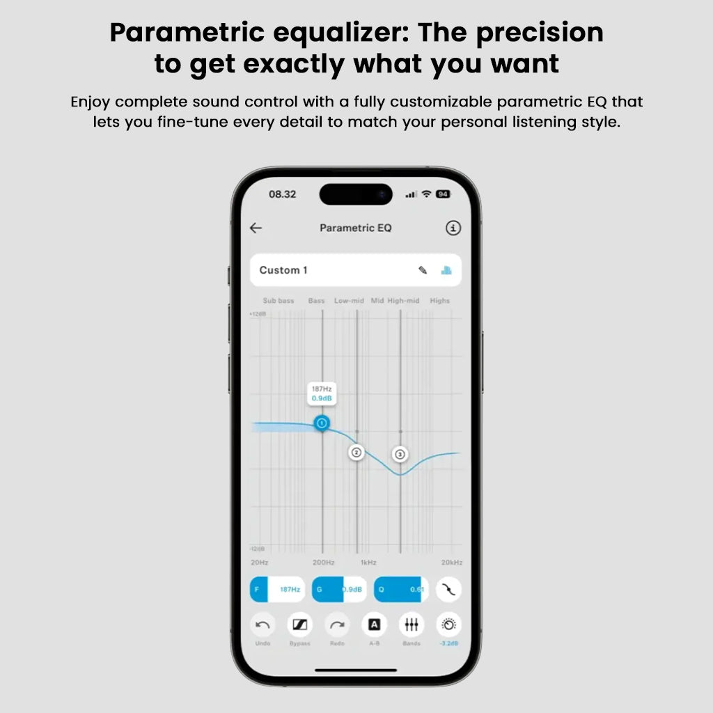 Sennheiser HDB 630 app interface showing customizable parametric EQ for precise sound tuning and personalized audio profiles.