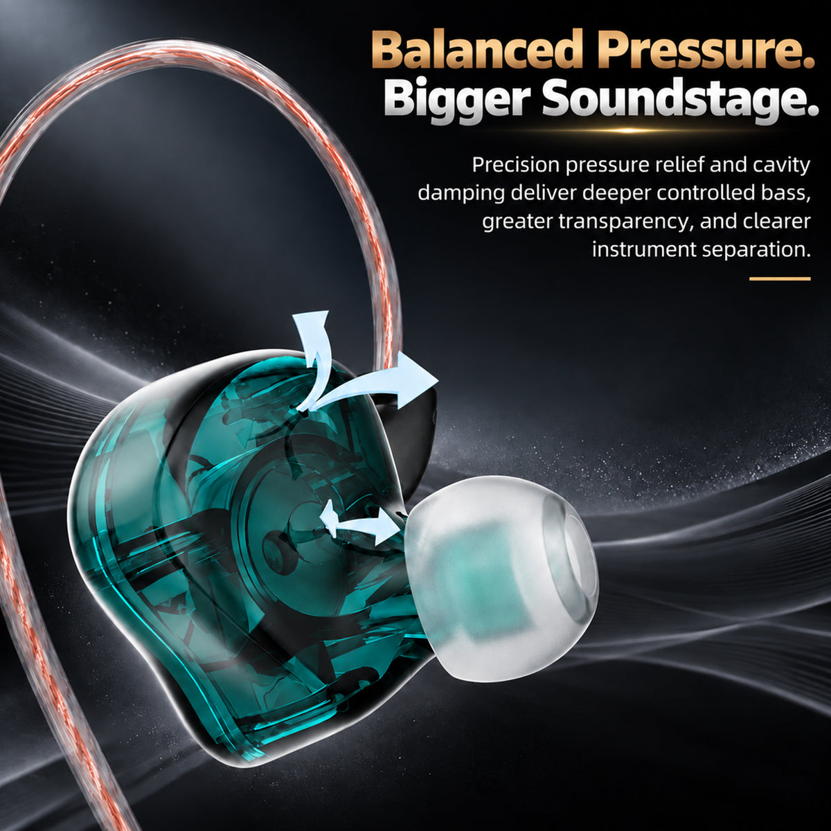 Detailed view of a transparent in-ear monitor with braided pink and white cable, connected to a black inline remote, emphasizing balanced pressure for bigger soundstage.