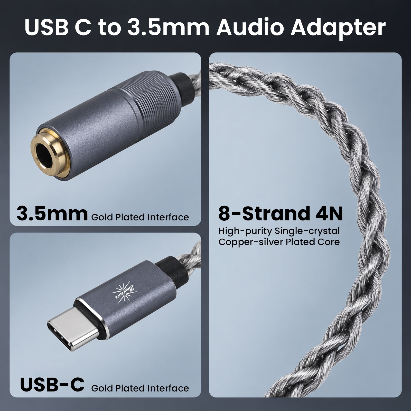 Detailed image of the USB C to 3.5mm audio adapter with gold-plated 3.5mm interface and high-quality braided cable, emphasizing durability