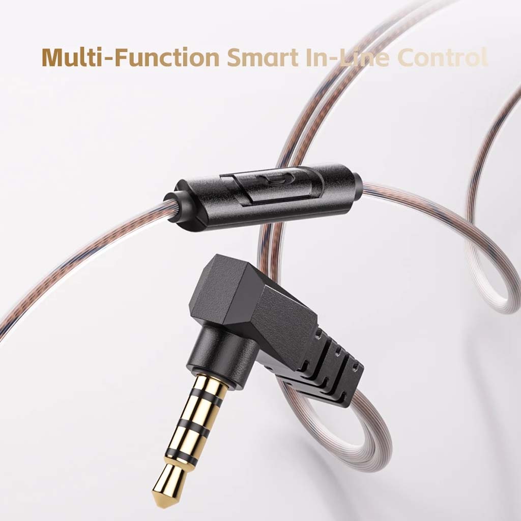 Close-up of QKZ-AK6 IEM's in-line control and 3.5mm jack, offering multifunction smart control for music and calls.