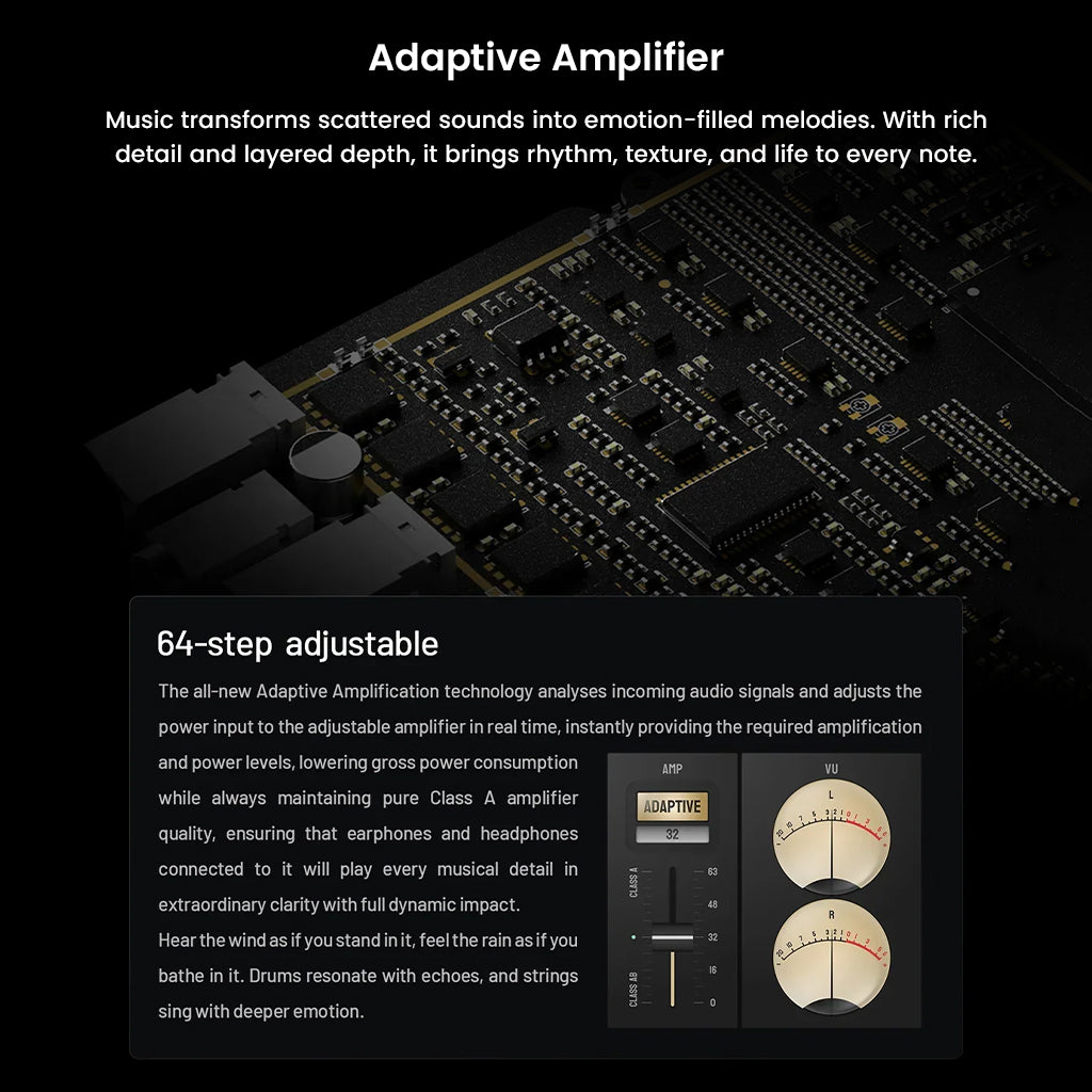 HiBy RS8II adaptive amplifier with 64-step adjustment, delivering dynamic and detailed sound with Class A and AB modes.