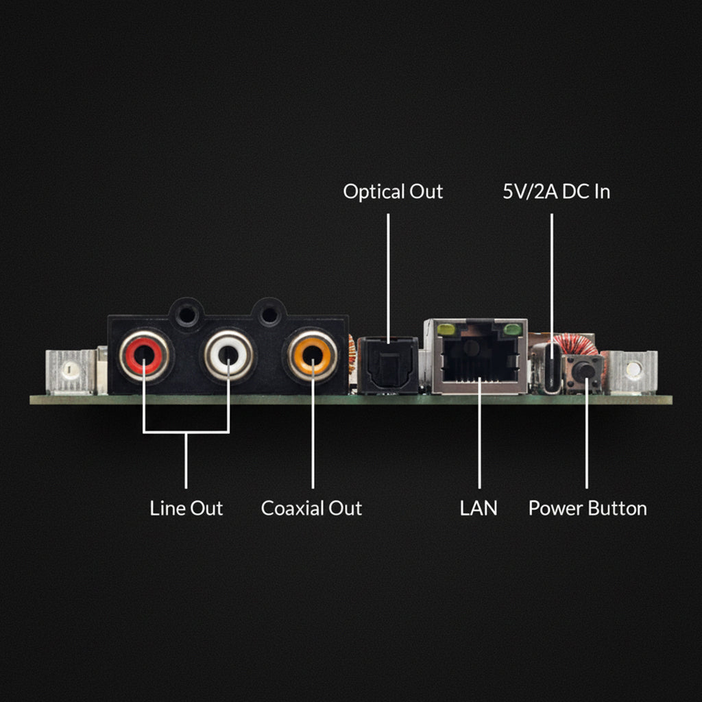 Rear view of Arylic Up2Stream HD DAC board showing line out, coaxial, optical, LAN, and power input ports.