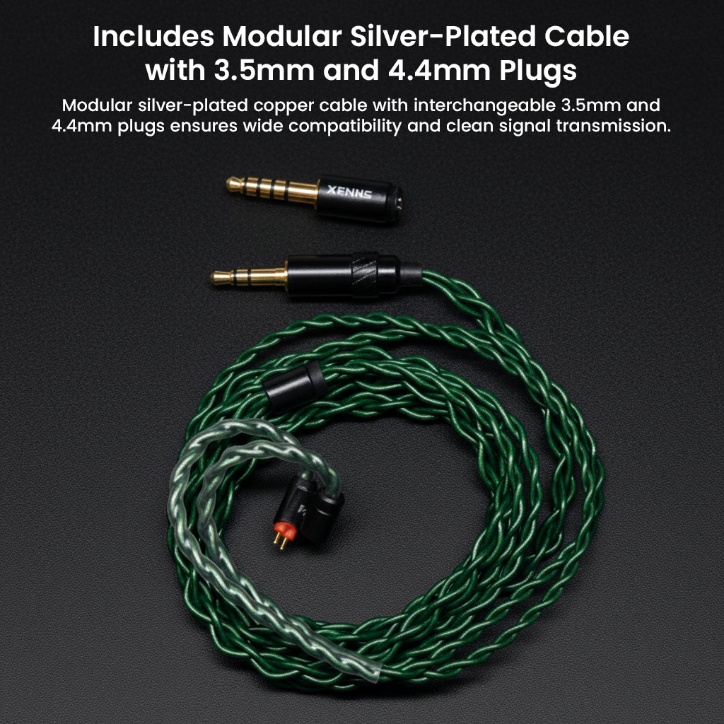 XENNS - Mangird Tea Pro SE IEMs with modular silver-plated cable and interchangeable 3.5mm and 4.4mm plugs for wide compatibility.