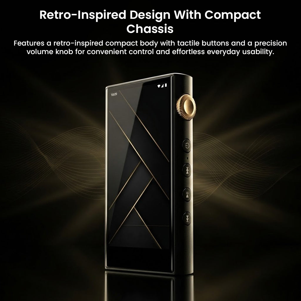 Retro-inspired portable digital audio player with tactile buttons and gold volume knob
