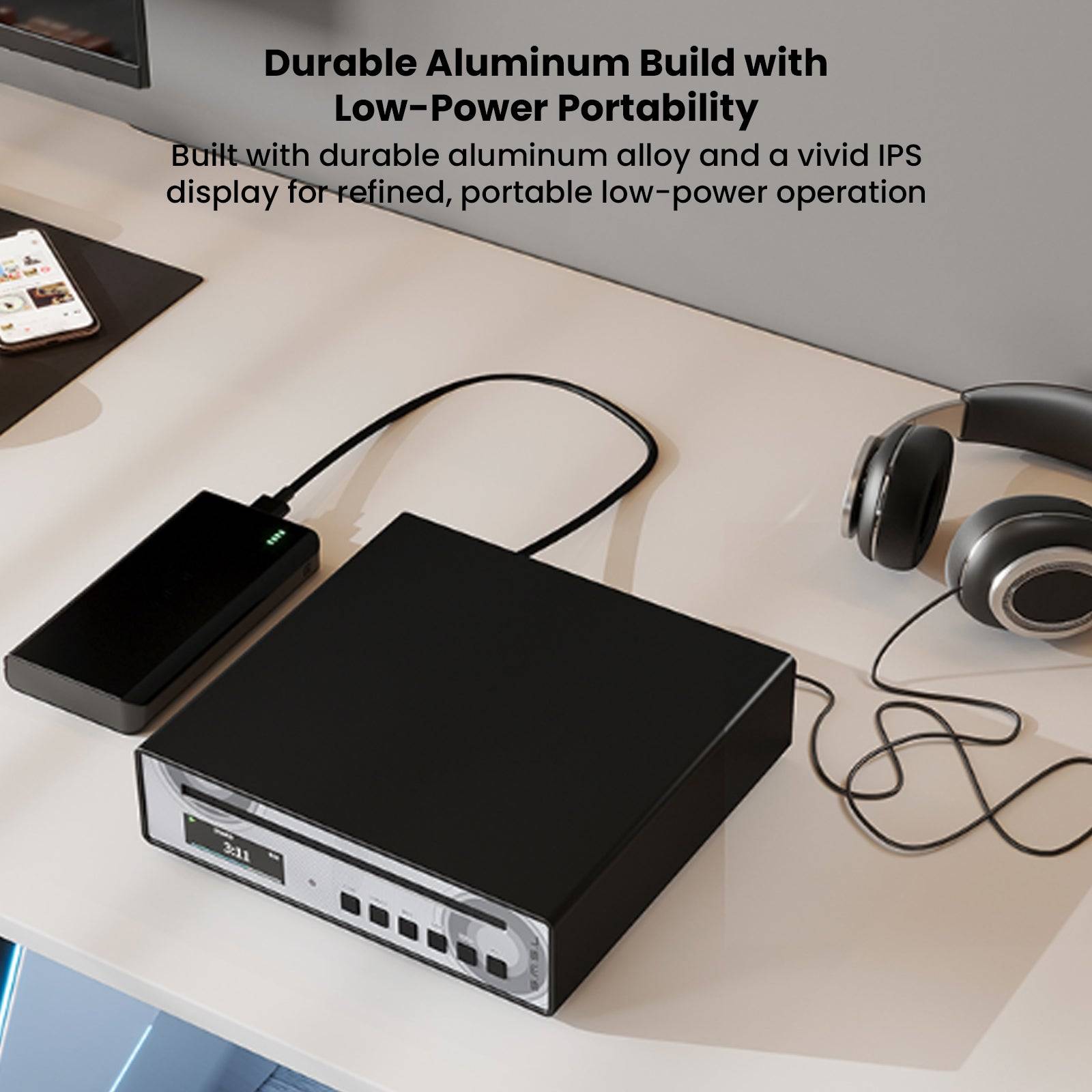 Portable CD player with digital display and black and silver design