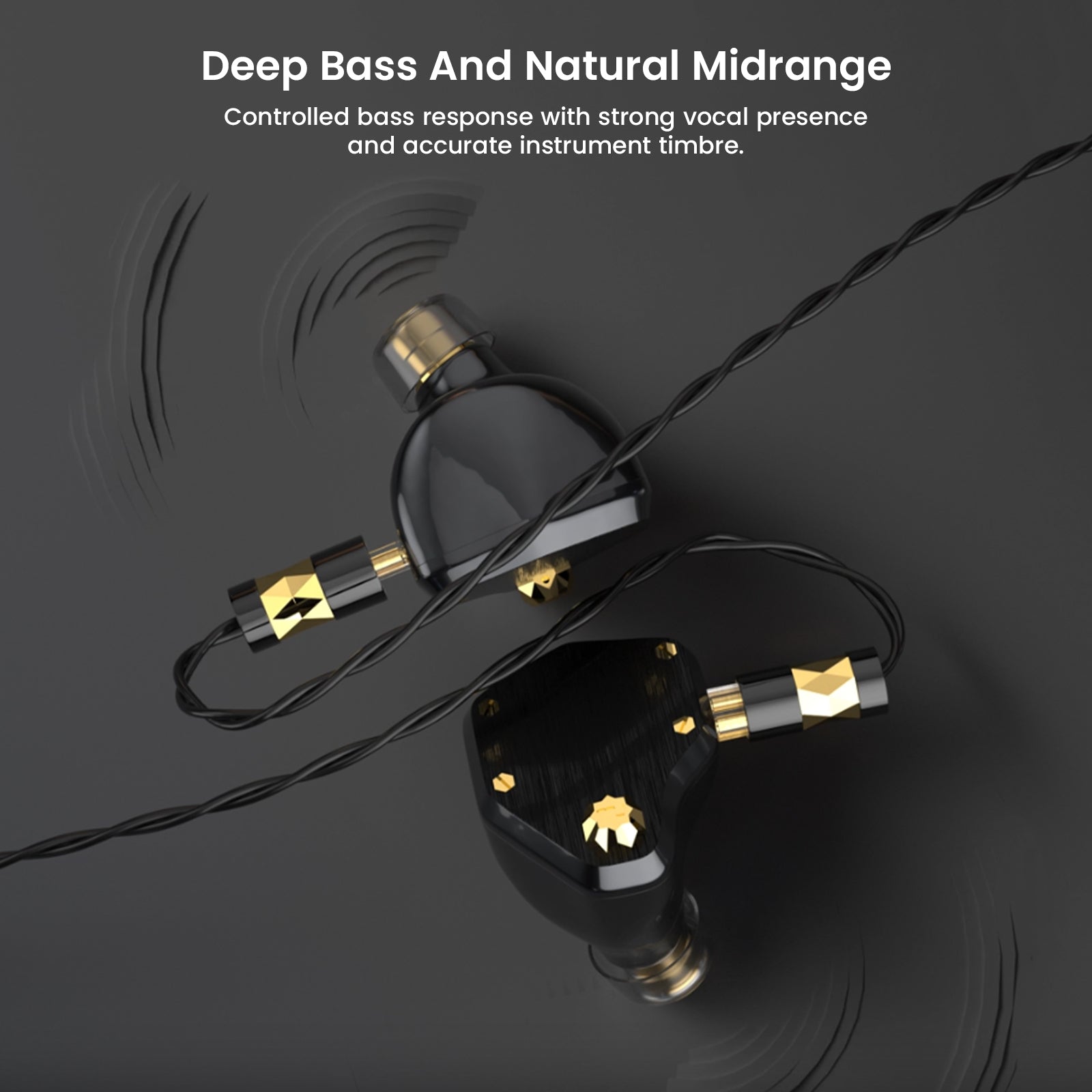 Detailed view of in-ear monitor's driver assembly with gold accents