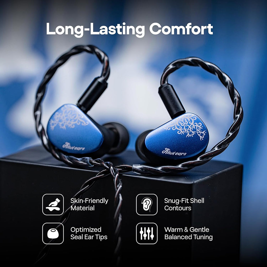 Close-up of blue Kiwi Ears Cadenza II in-ear monitors highlighting ergonomic design