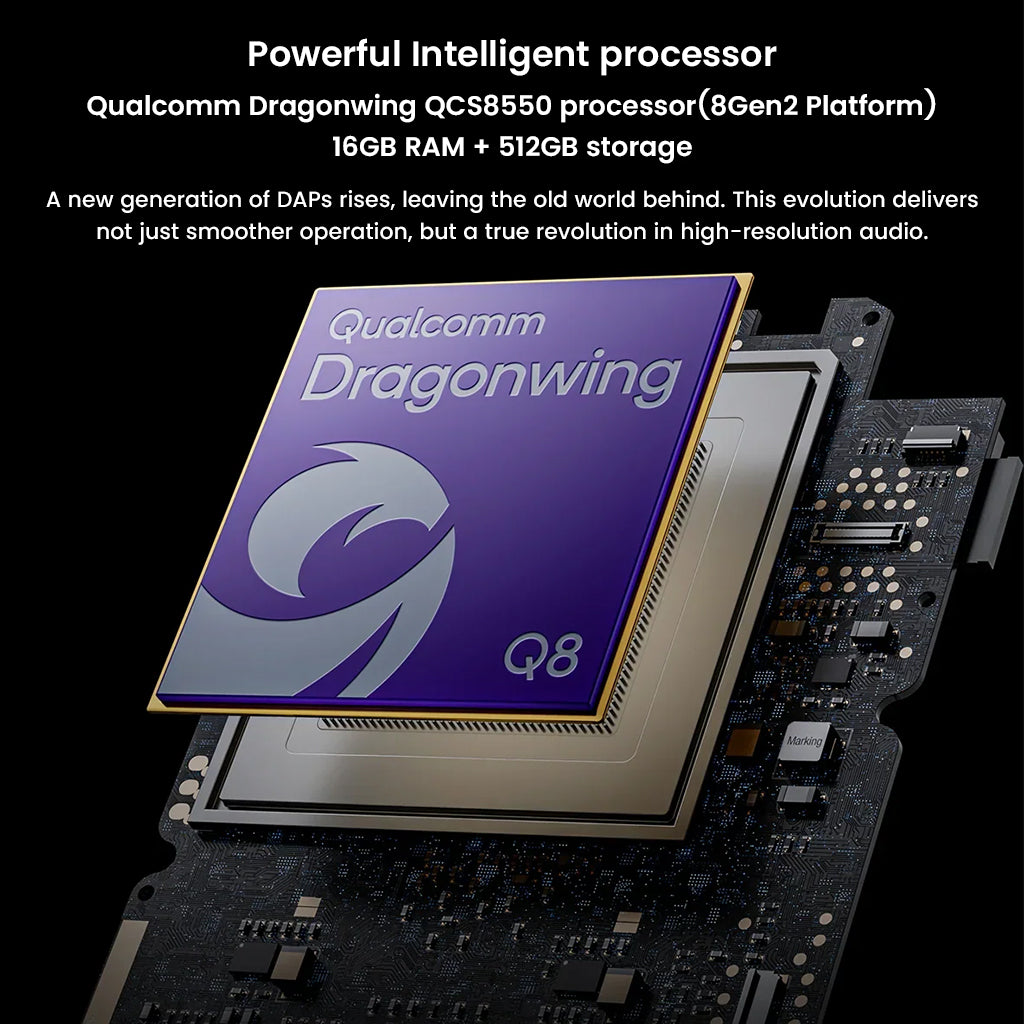 HiBy RS8II powered by Qualcomm QCS8550 processor with 16GB RAM and 512GB storage for high-performance audio processing.