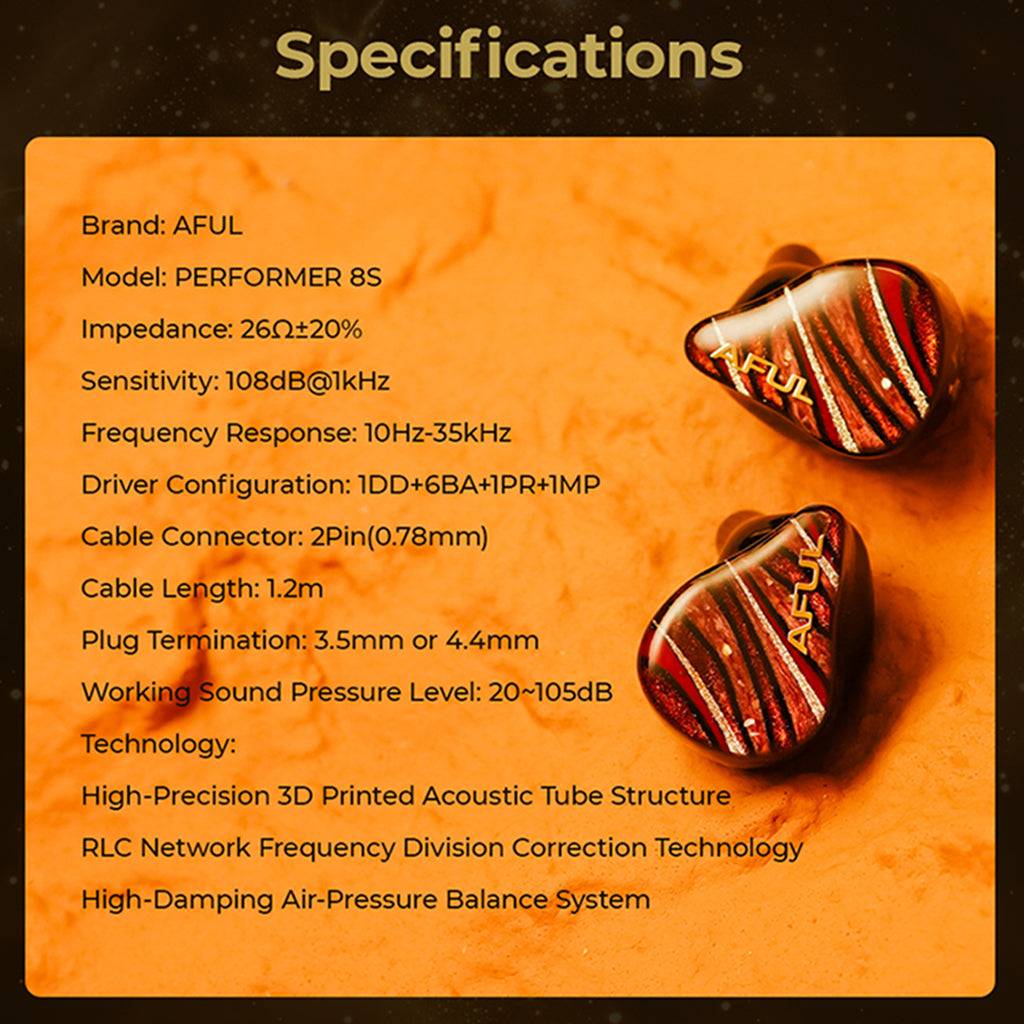AFUL Performer 8S IEM specifications listing 1DD+6BA+1MP drivers, 10Hz–35kHz frequency response, and 108dB sensitivity for audiophiles.