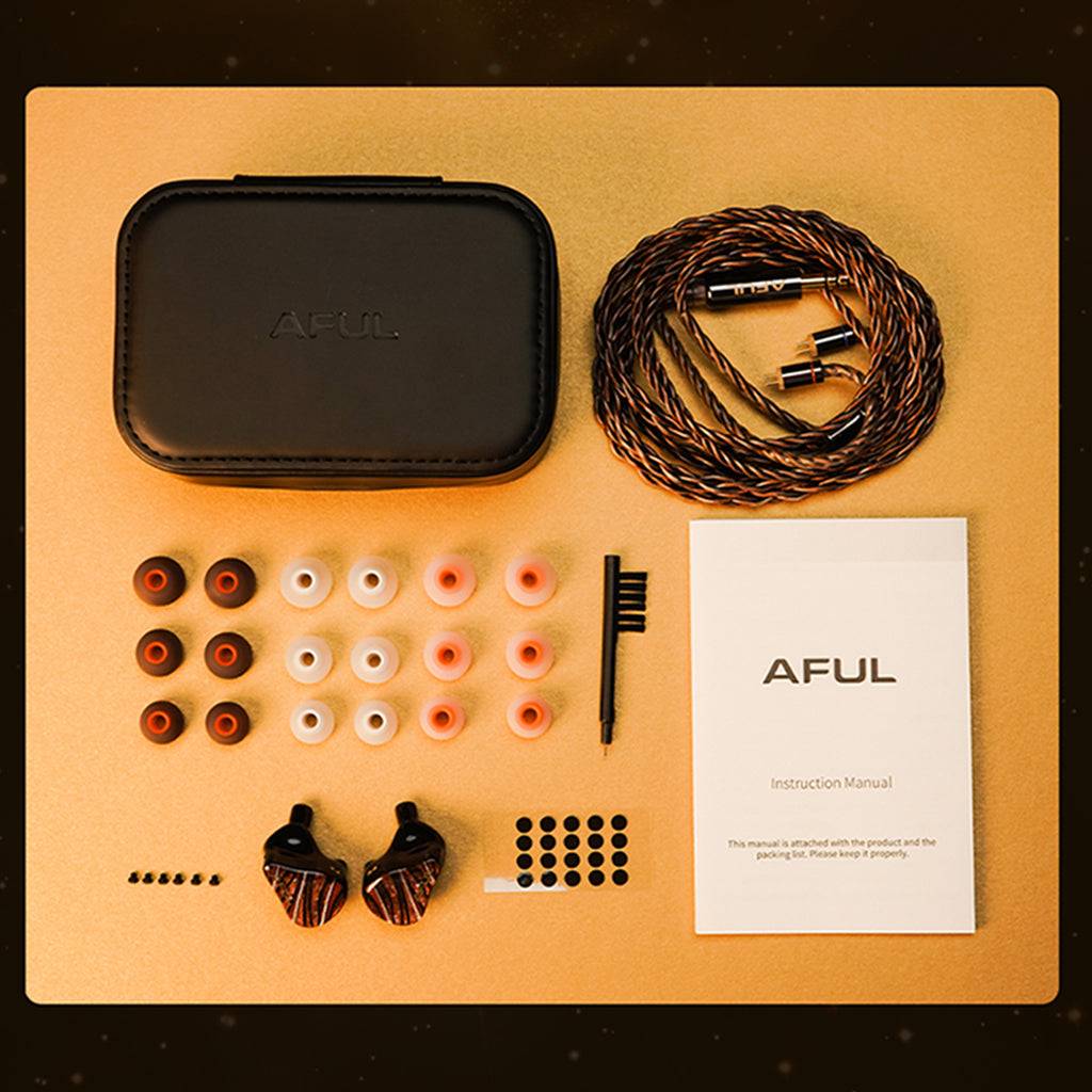 AFUL Performer 8S IEM full accessory set including ear tips, cleaning brush, cable, case, and manual for complete audio setup.