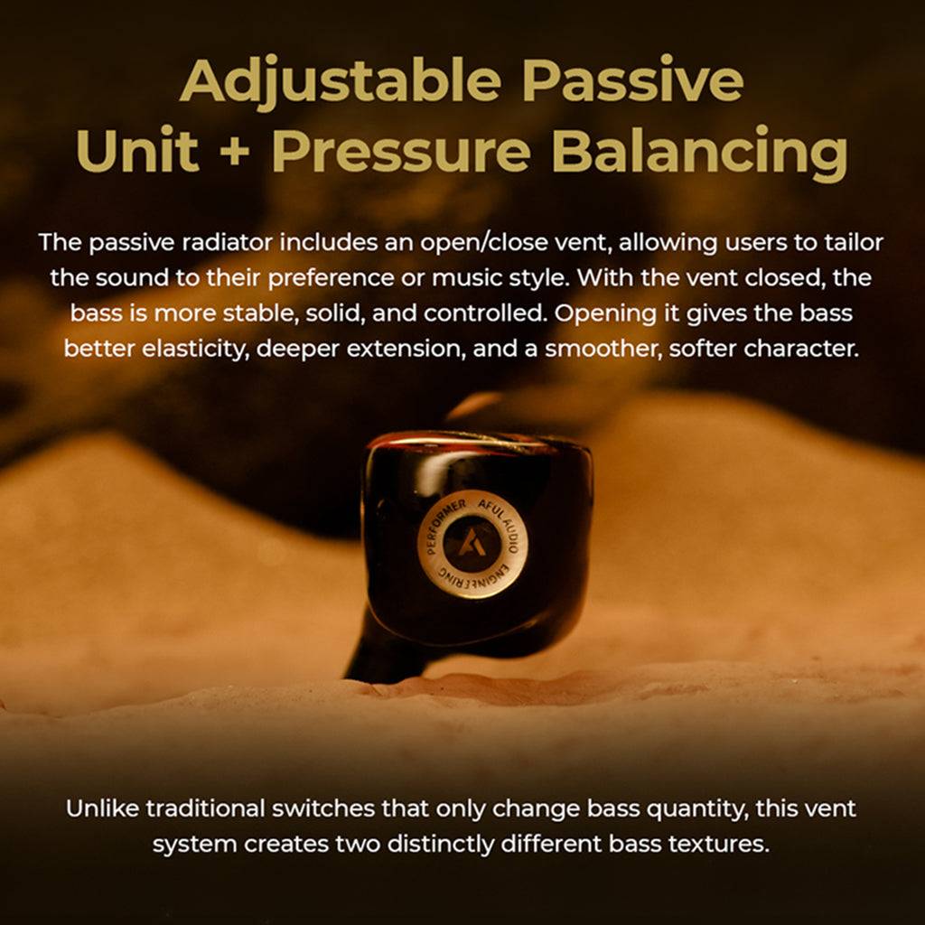 AFUL Performer 8S IEM with adjustable passive radiator and pressure balancing for customizable bass response and smoother sound.