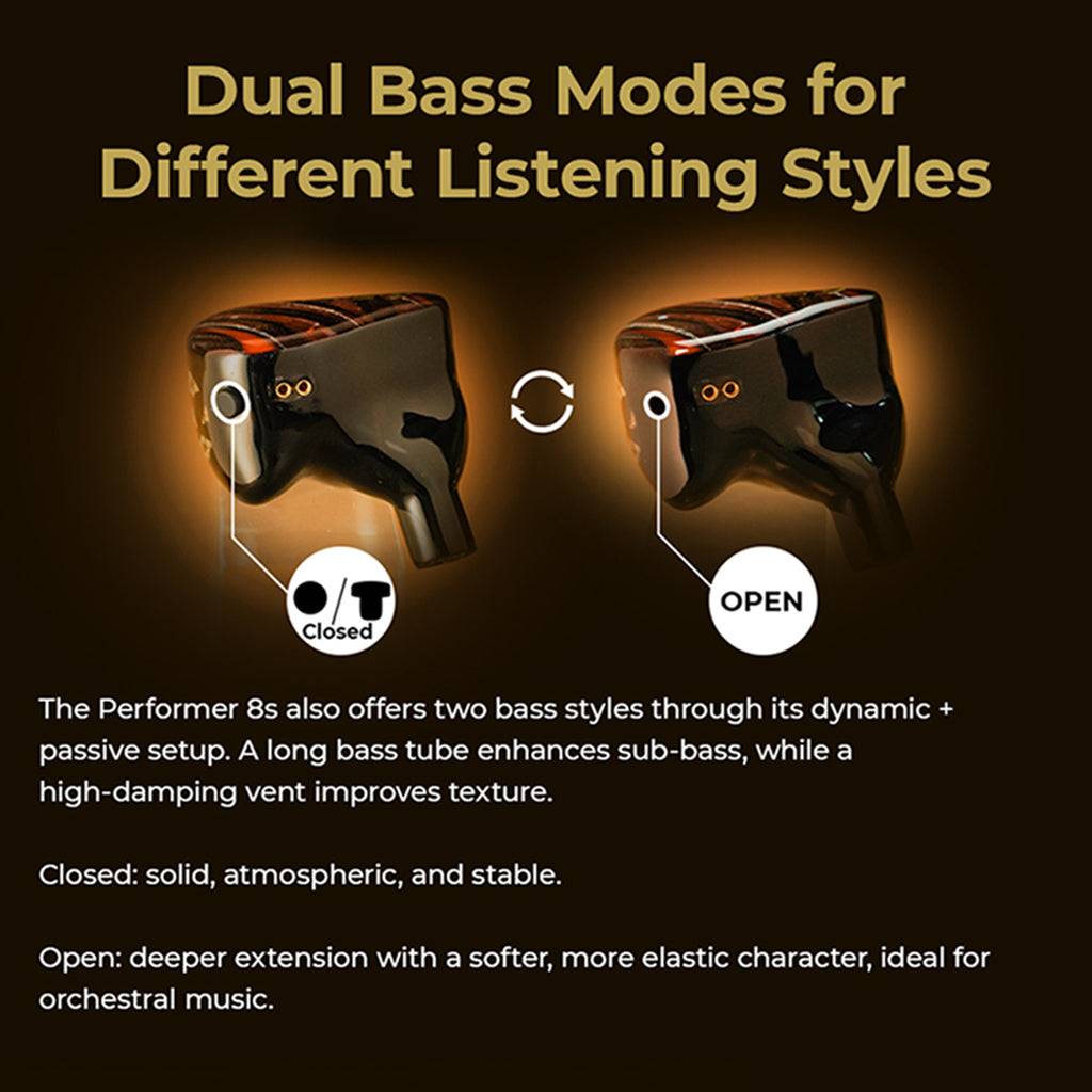 AFUL Performer 8S IEM with dual bass modes—closed for stability and open for deeper extension—ideal for different listening preferences.