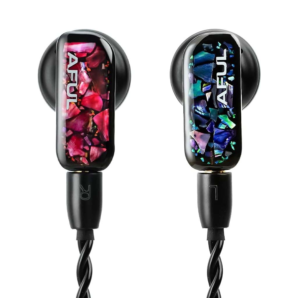 AFUL - PolarNight 15.4mm Dynamic Driver HiFi Earbuds with flat head design and colorful resin faceplates in red and blue, ideal for audiophiles.