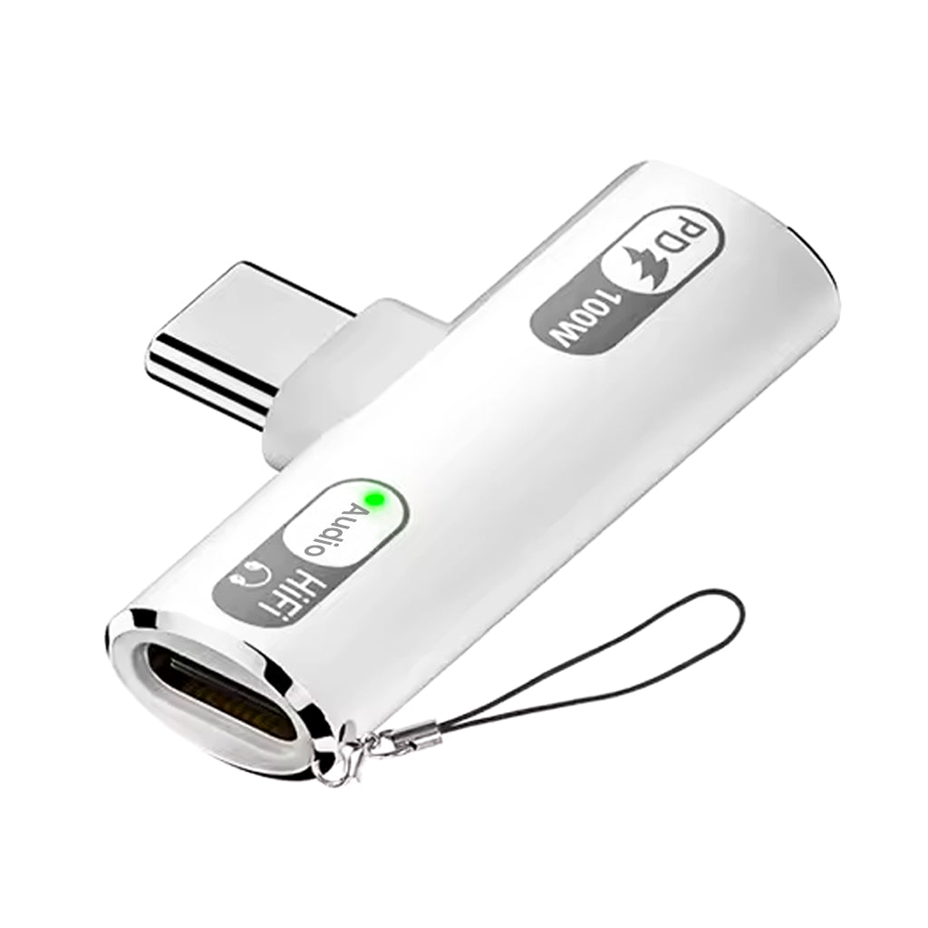 AUDIOCULAR A15X 100W 2-in-1 Type C to Type-C/Lightning Audio Adapter with sleek aluminum finish and dual ports for charging and audio.