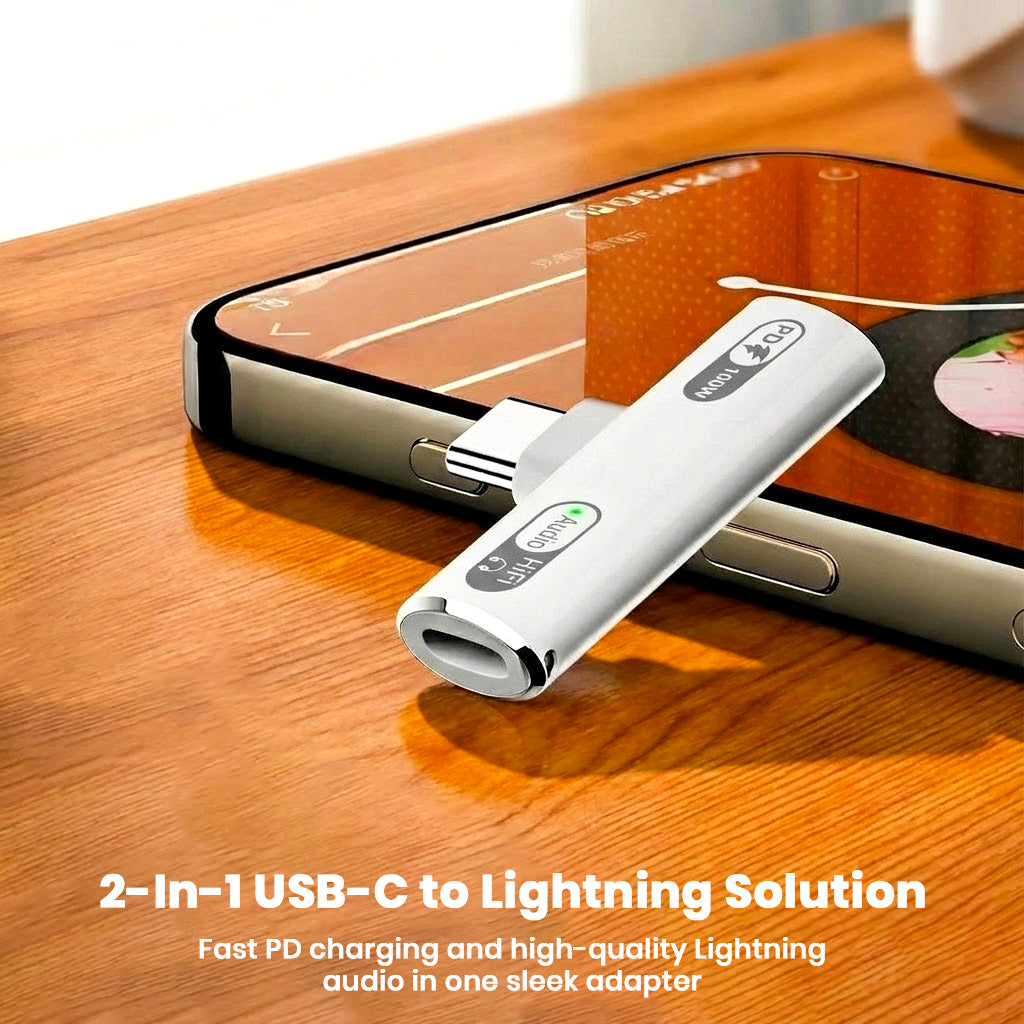 AUDIOCULAR A15X adapter connected to smartphone, showcasing 2-in-1 USB-C to Lightning solution for fast charging and high-quality audio.