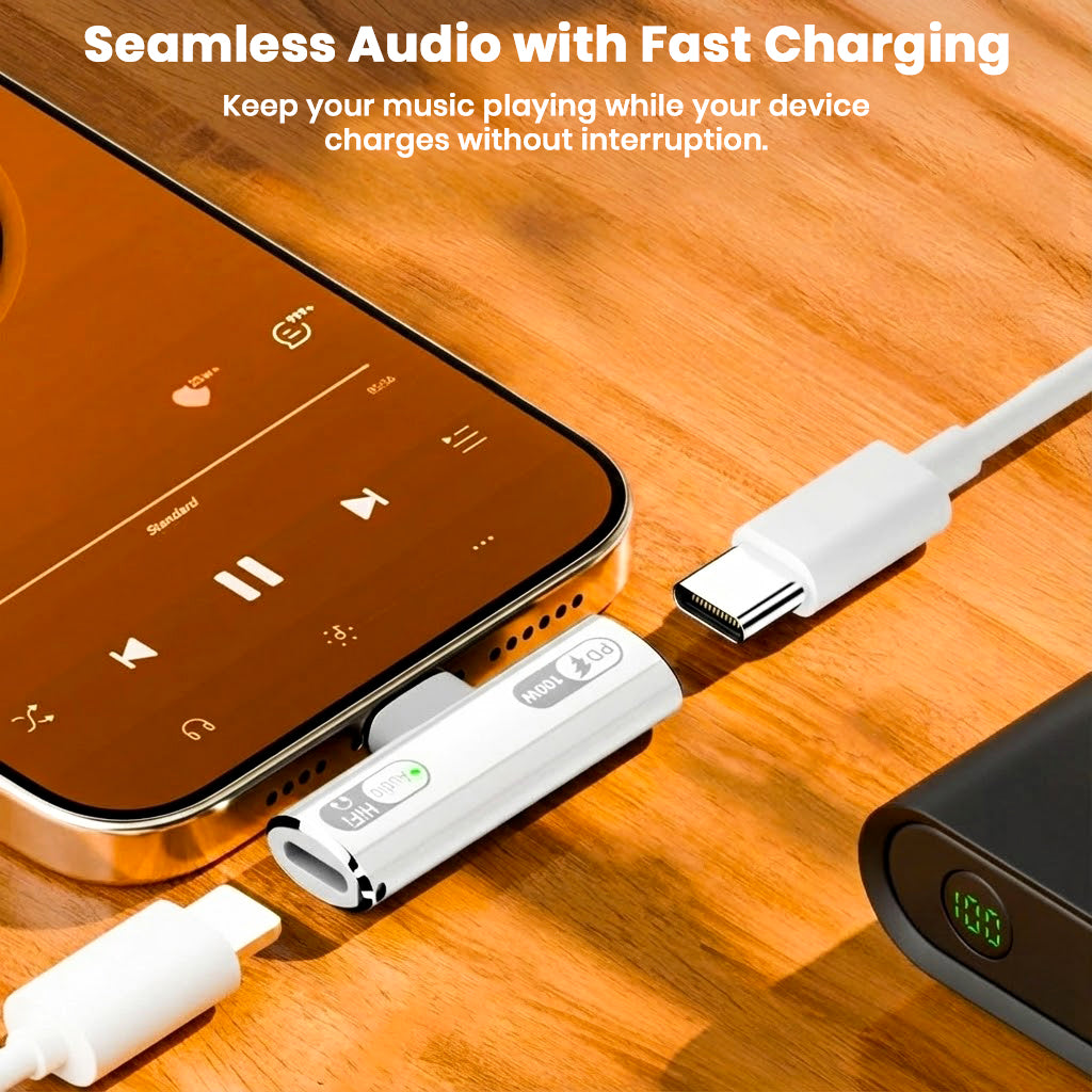 AUDIOCULAR A15X adapter enables seamless audio playback while fast charging a smartphone, ideal for uninterrupted music sessions.