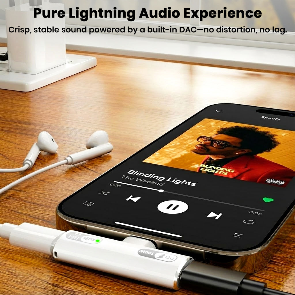 AUDIOCULAR A15X adapter playing high-resolution Lightning audio from a smartphone, powered by a built-in DAC for distortion-free sound.