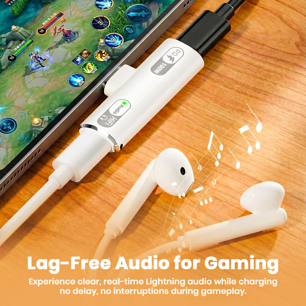 AUDIOCULAR A15X adapter used during mobile gaming, offering lag-free Lightning audio and simultaneous charging for uninterrupted gameplay.