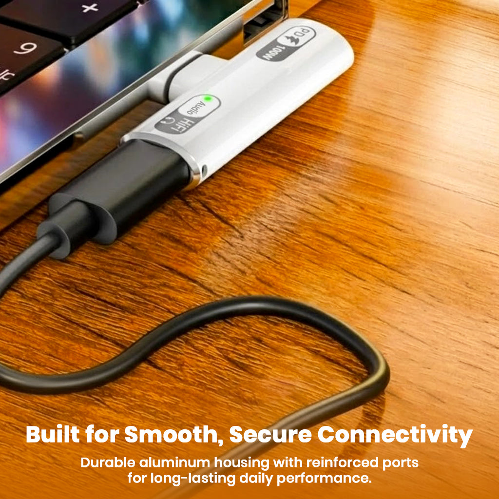 AUDIOCULAR A15X adapter with reinforced ports for secure connectivity, ensuring long-lasting performance with USB-C devices.