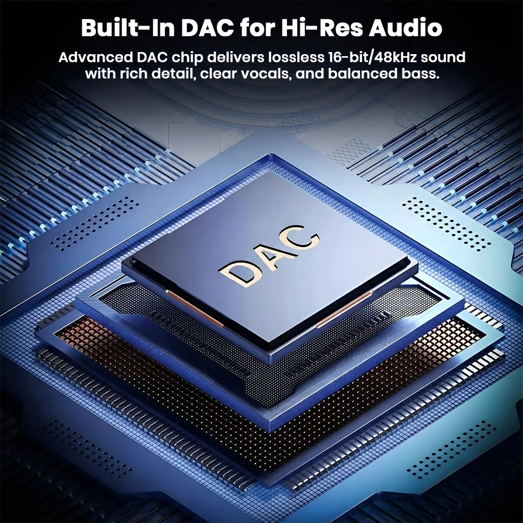AUDIOCULAR A15X adapter features built-in DAC chip for Hi-Res audio, delivering 16-bit/48kHz sound with rich detail and balanced bass.