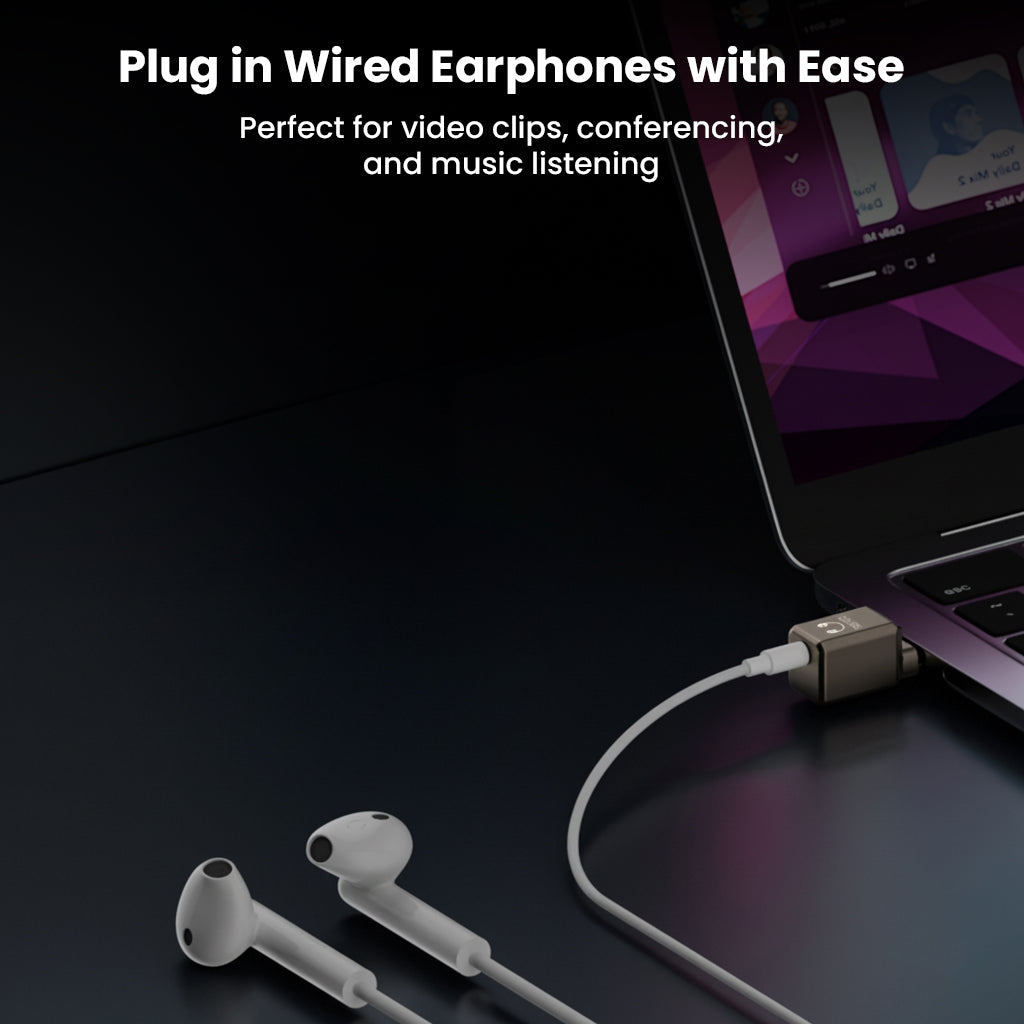 AUDIOCULAR- A19X adapter plugged into iPad with wired earphones, perfect for conferencing, video playback, and music.