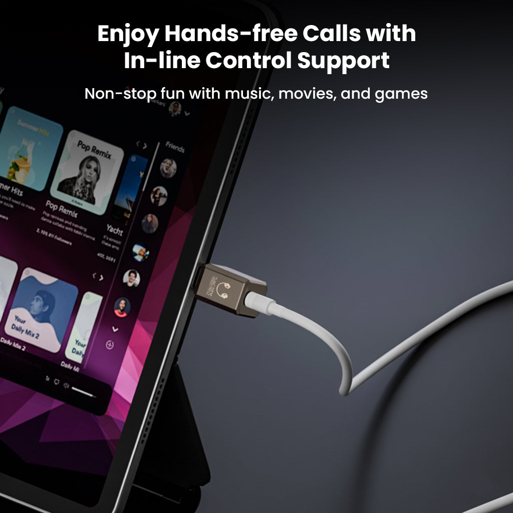 AUDIOCULAR- A19X adapter supports hands-free calls with in-line control, ideal for music, movies, and gaming on iOS devices.