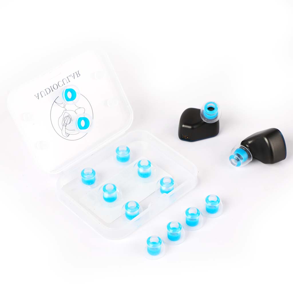 AUDIOCULAR Atmos Liquid Silicone Eartips set with multiple sizes in a clear storage case, ideal for in-ear monitors and earbuds.